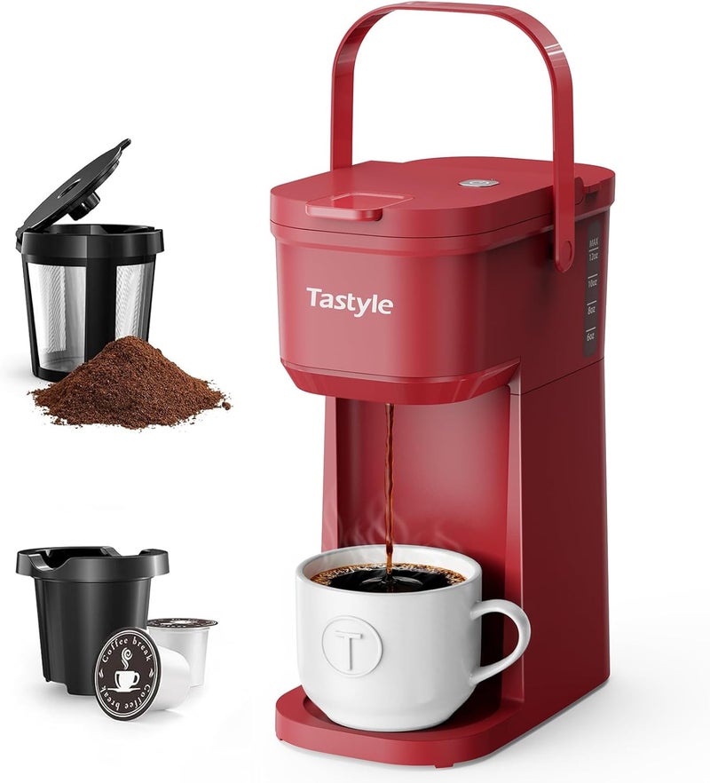 Tastyle Single Serve One Cup Coffee Maker, for K Cups and Grounds, Mini Coffee Maker with Portable Handle, 6 to 12 Oz Brew Size, for Travel, Camping, Office, RV and Dorm, 120V, Vintage Red - Image 1